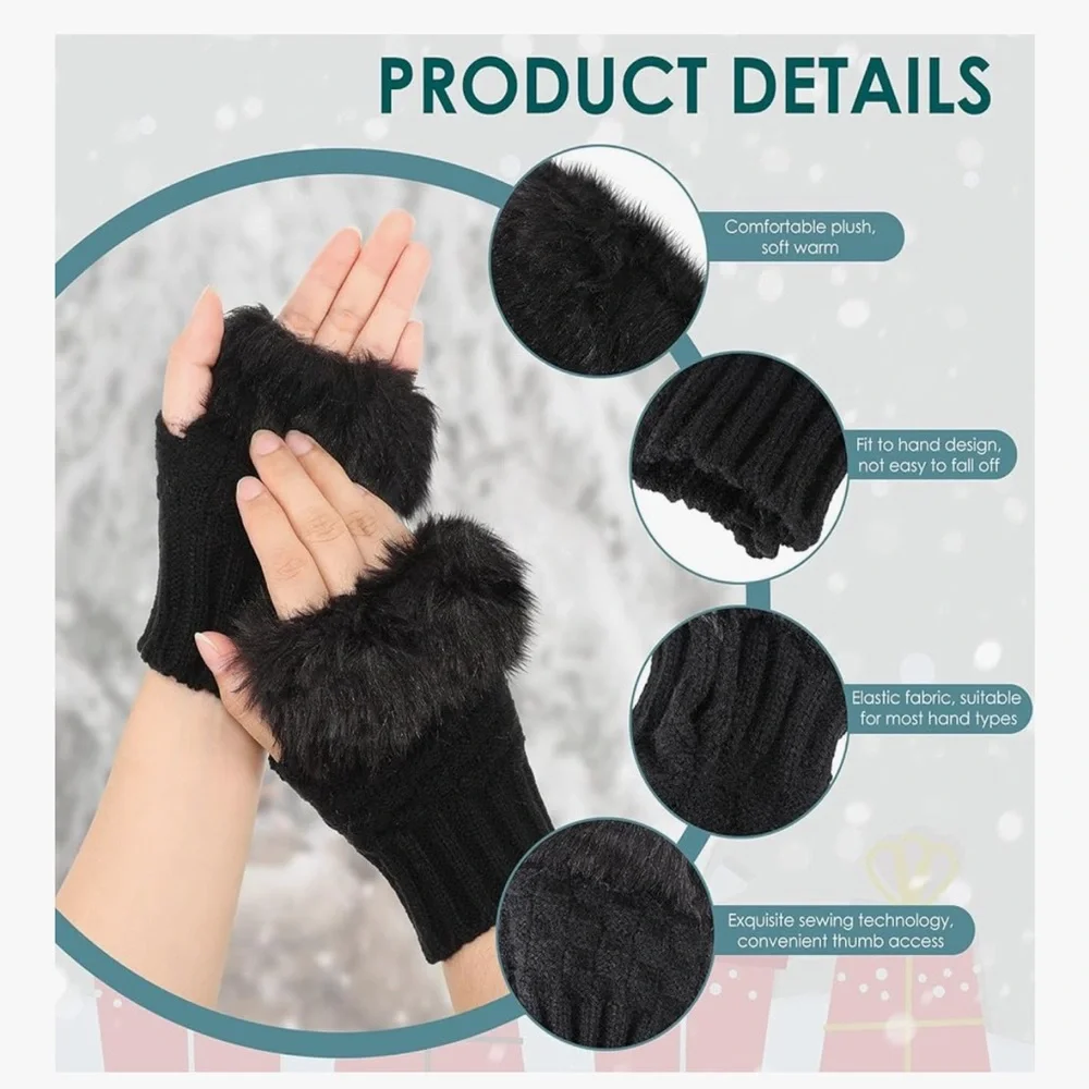 🆕 4 Pairs Knit Fingerless Winter Gloves Black Red White Grey Texting Gloves